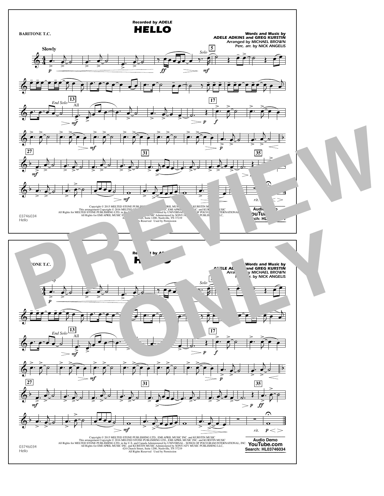 Michael Brown Hello - Baritone T.C. Sheet Music Notes & Chords for Marching Band - Download or Print PDF