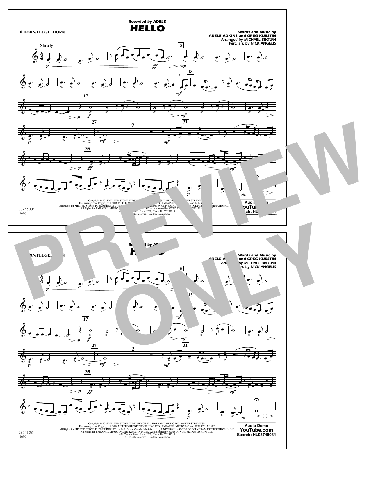 Michael Brown Hello - Bb Horn/Flugelhorn Sheet Music Notes & Chords for Marching Band - Download or Print PDF