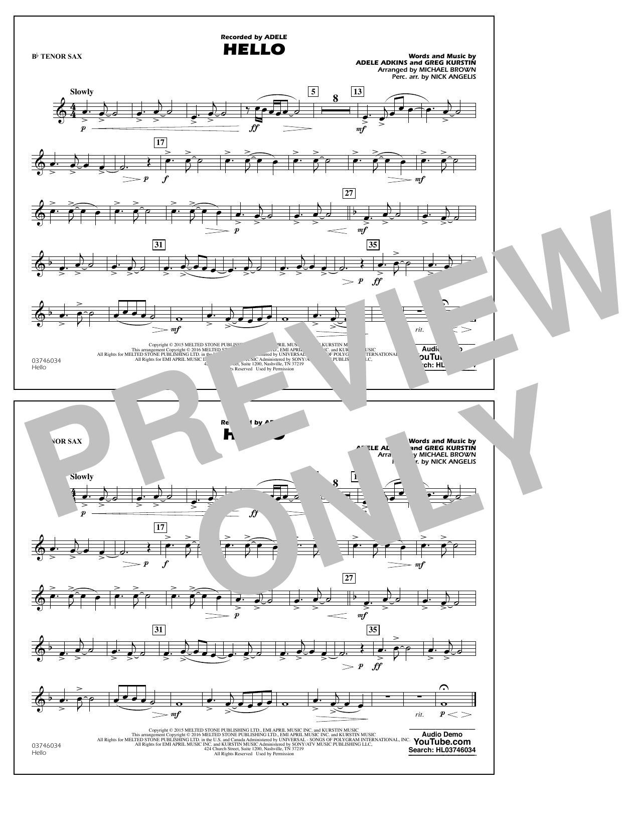 Michael Brown Hello - Bb Tenor Sax Sheet Music Notes & Chords for Marching Band - Download or Print PDF