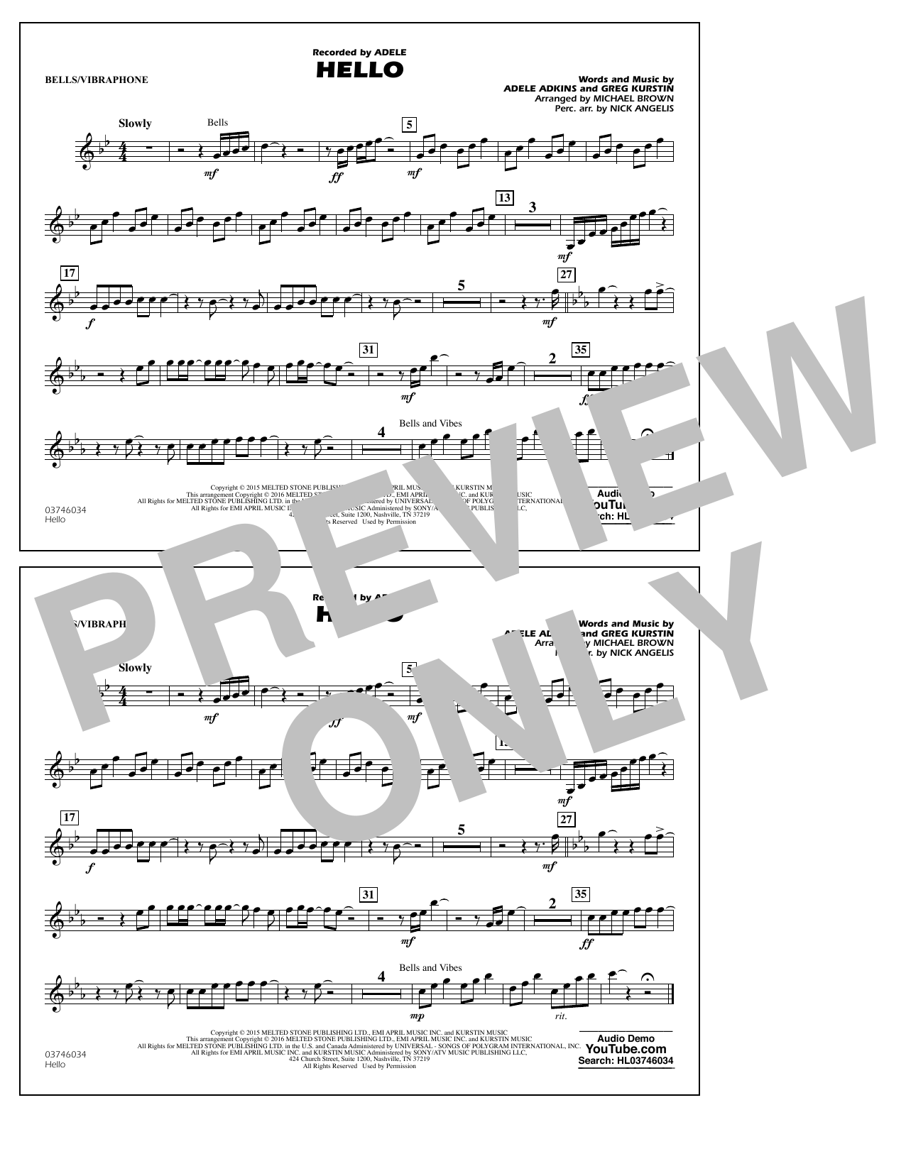 Michael Brown Hello - Bells/Vibes Sheet Music Notes & Chords for Marching Band - Download or Print PDF