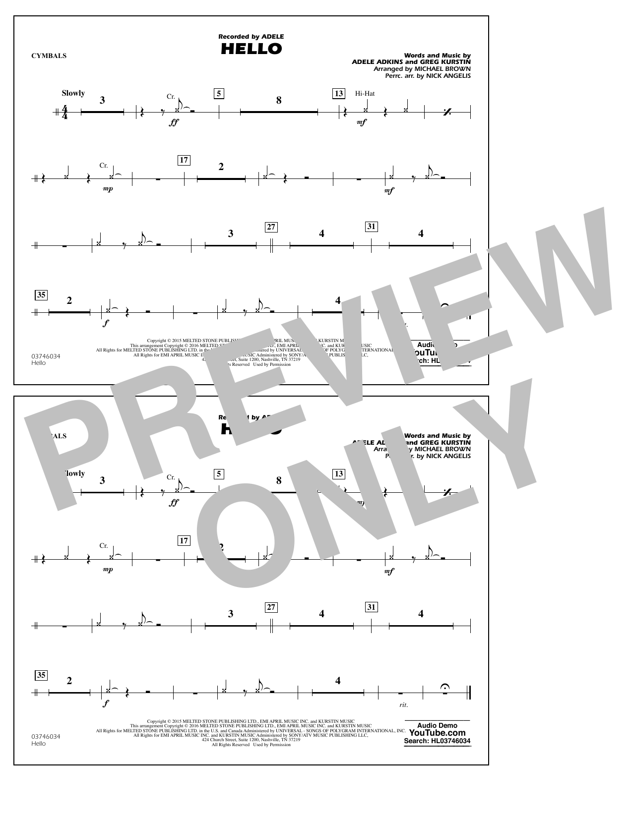 Michael Brown Hello - Cymbals Sheet Music Notes & Chords for Marching Band - Download or Print PDF