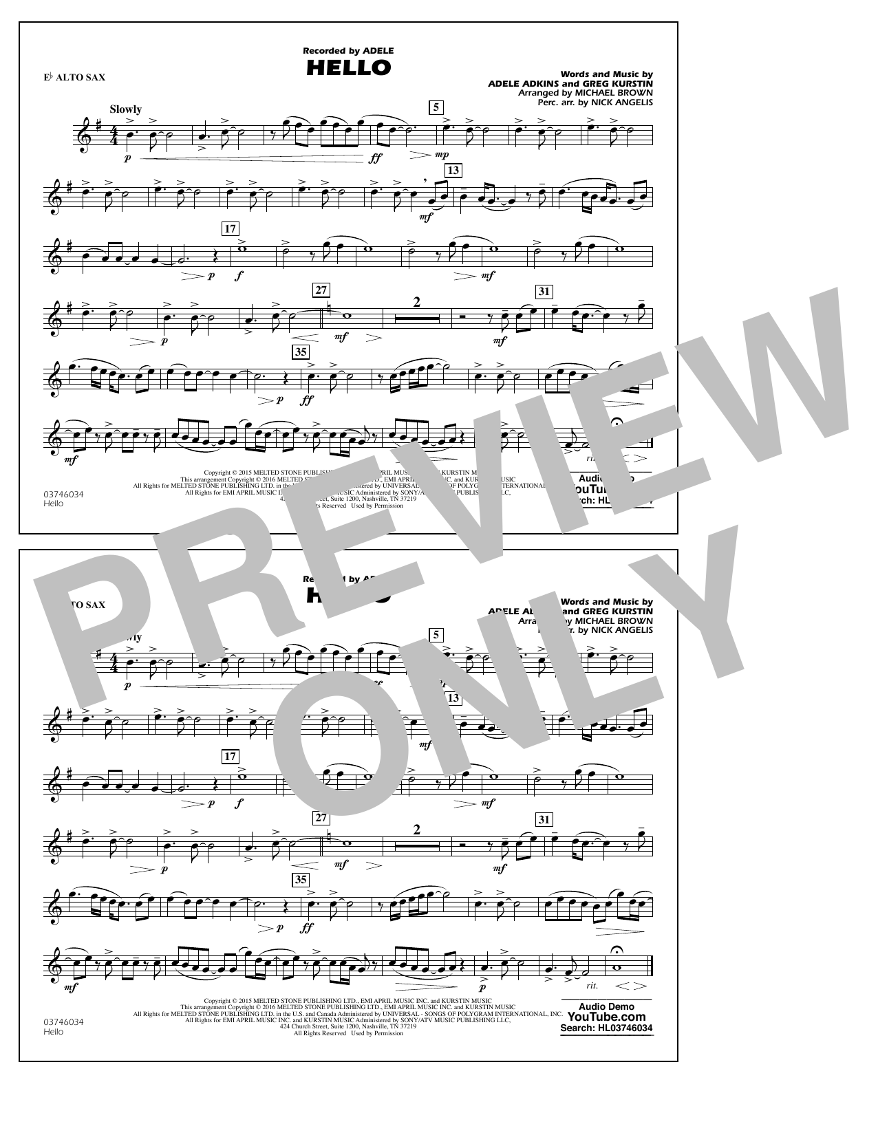 Michael Brown Hello - Eb Alto Sax Sheet Music Notes & Chords for Marching Band - Download or Print PDF