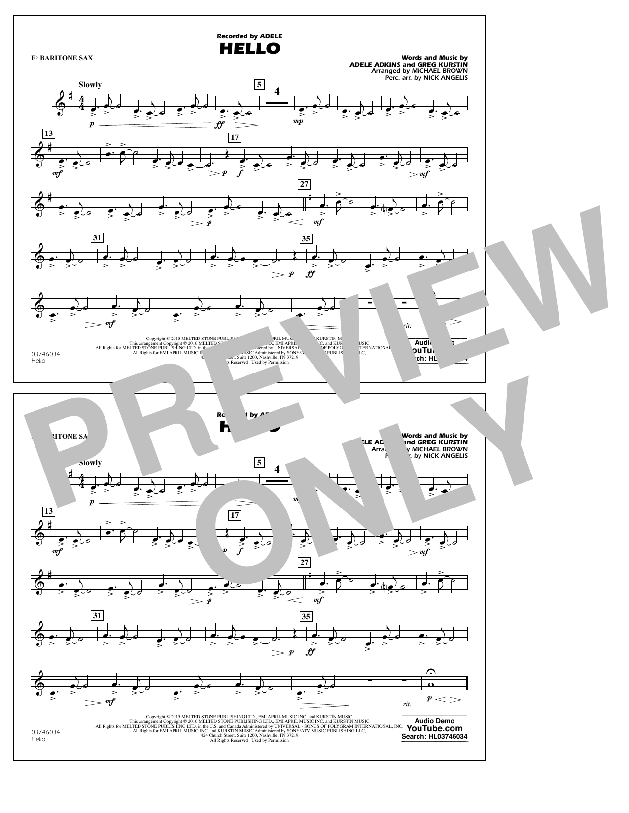 Michael Brown Hello - Eb Baritone Sax Sheet Music Notes & Chords for Marching Band - Download or Print PDF
