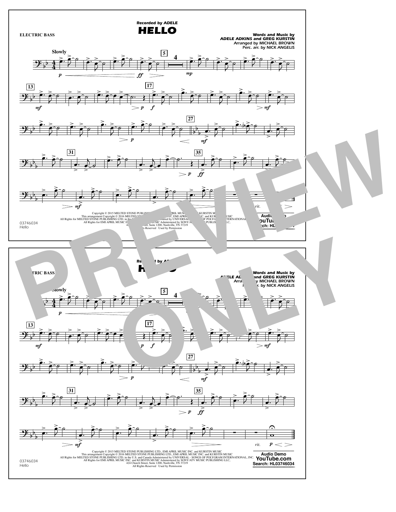 Michael Brown Hello - Electric Bass Sheet Music Notes & Chords for Marching Band - Download or Print PDF