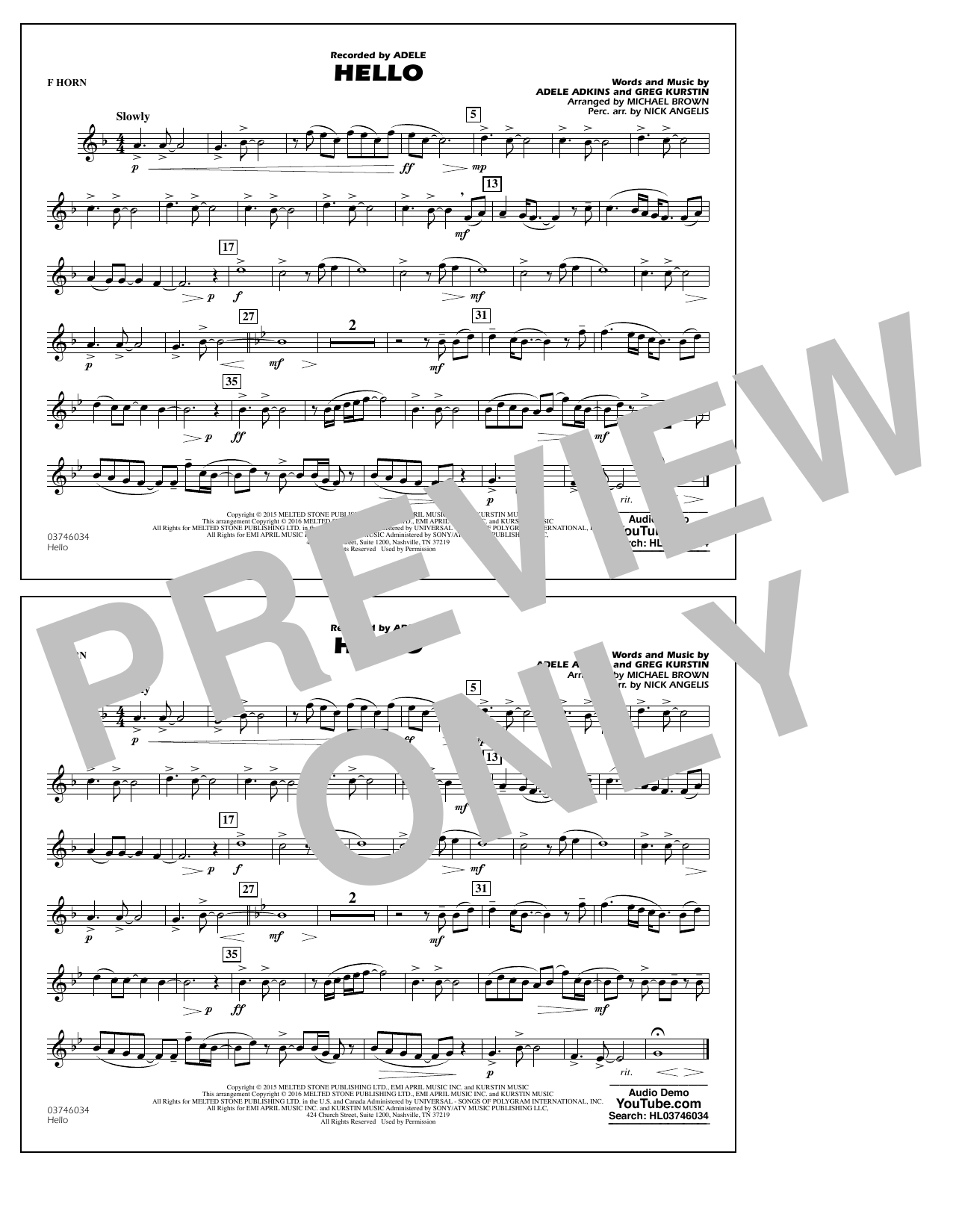 Michael Brown Hello - F Horn Sheet Music Notes & Chords for Marching Band - Download or Print PDF