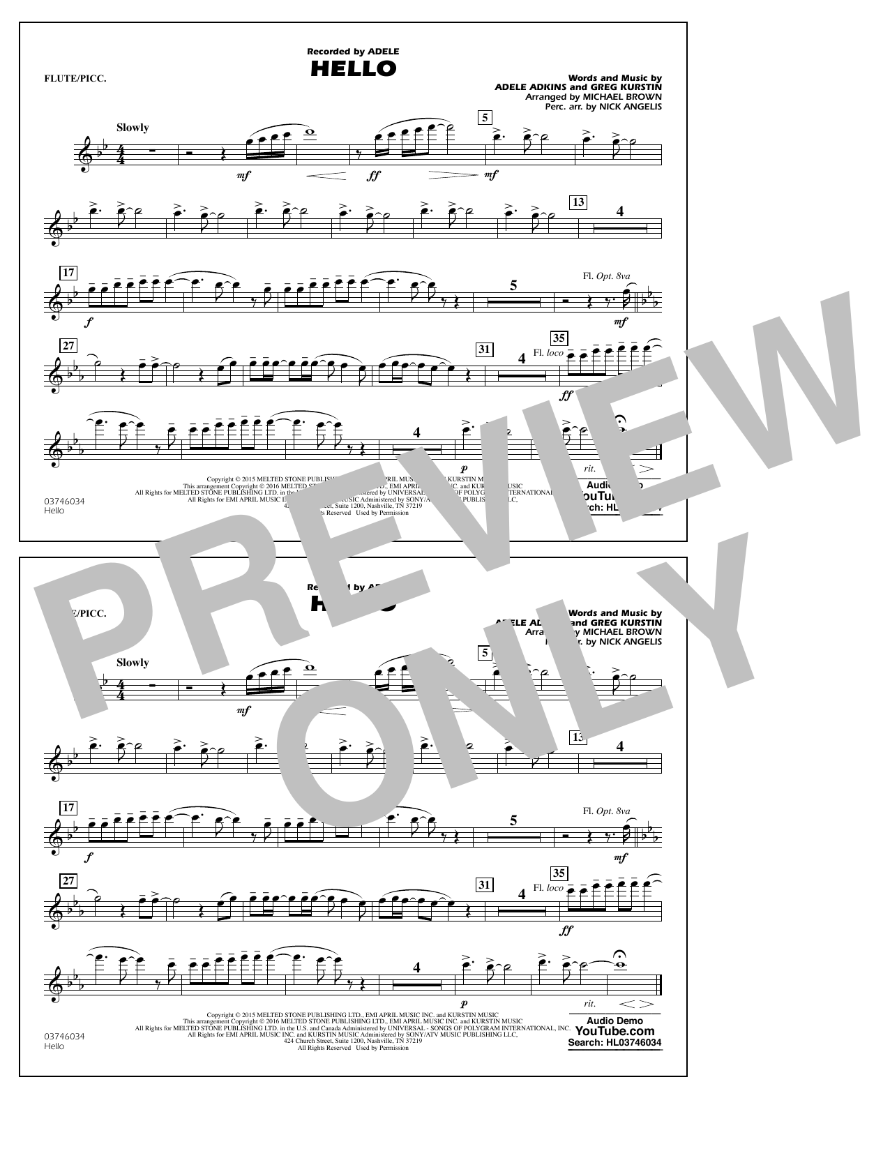 Michael Brown Hello - Flute/Piccolo Sheet Music Notes & Chords for Marching Band - Download or Print PDF