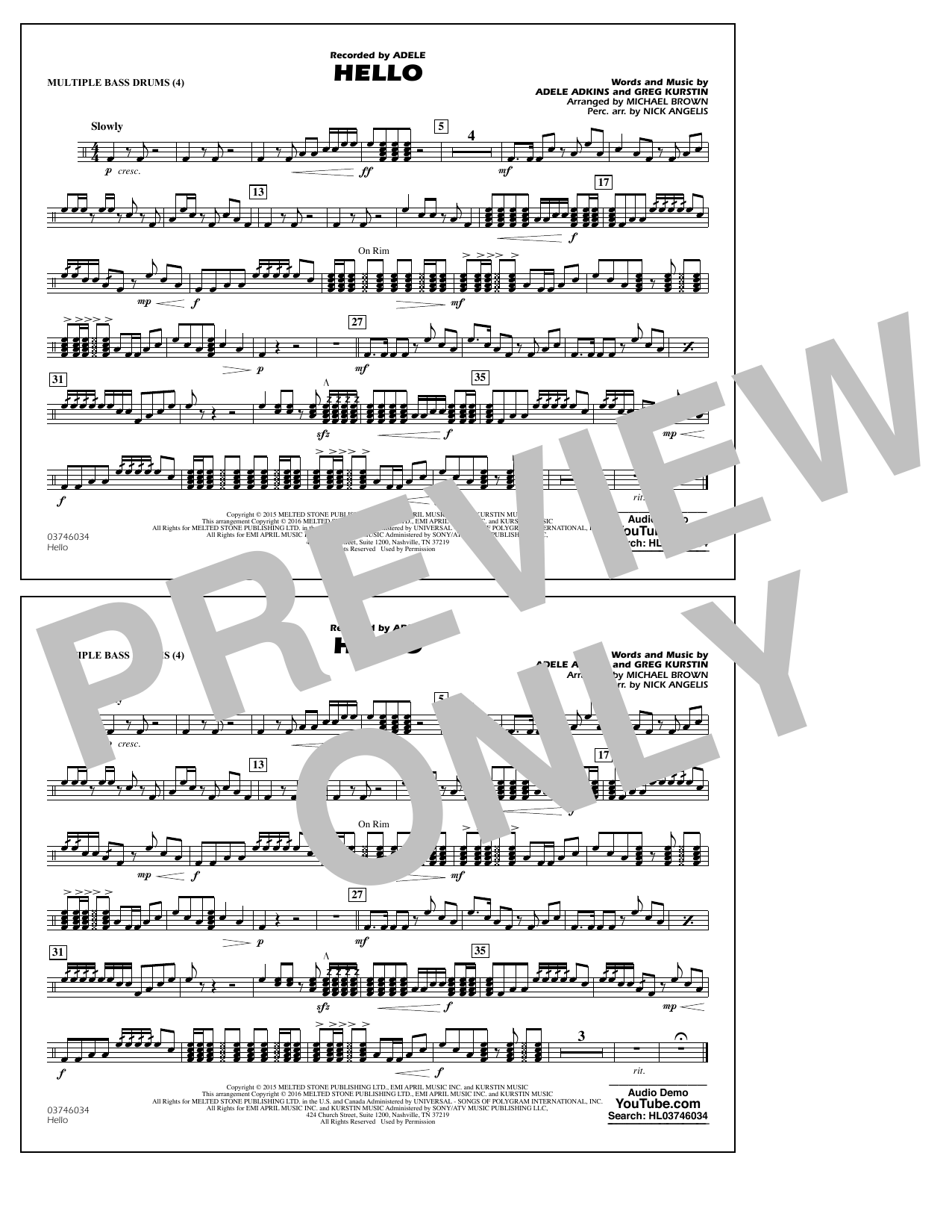 Michael Brown Hello - Multiple Bass Drums Sheet Music Notes & Chords for Marching Band - Download or Print PDF