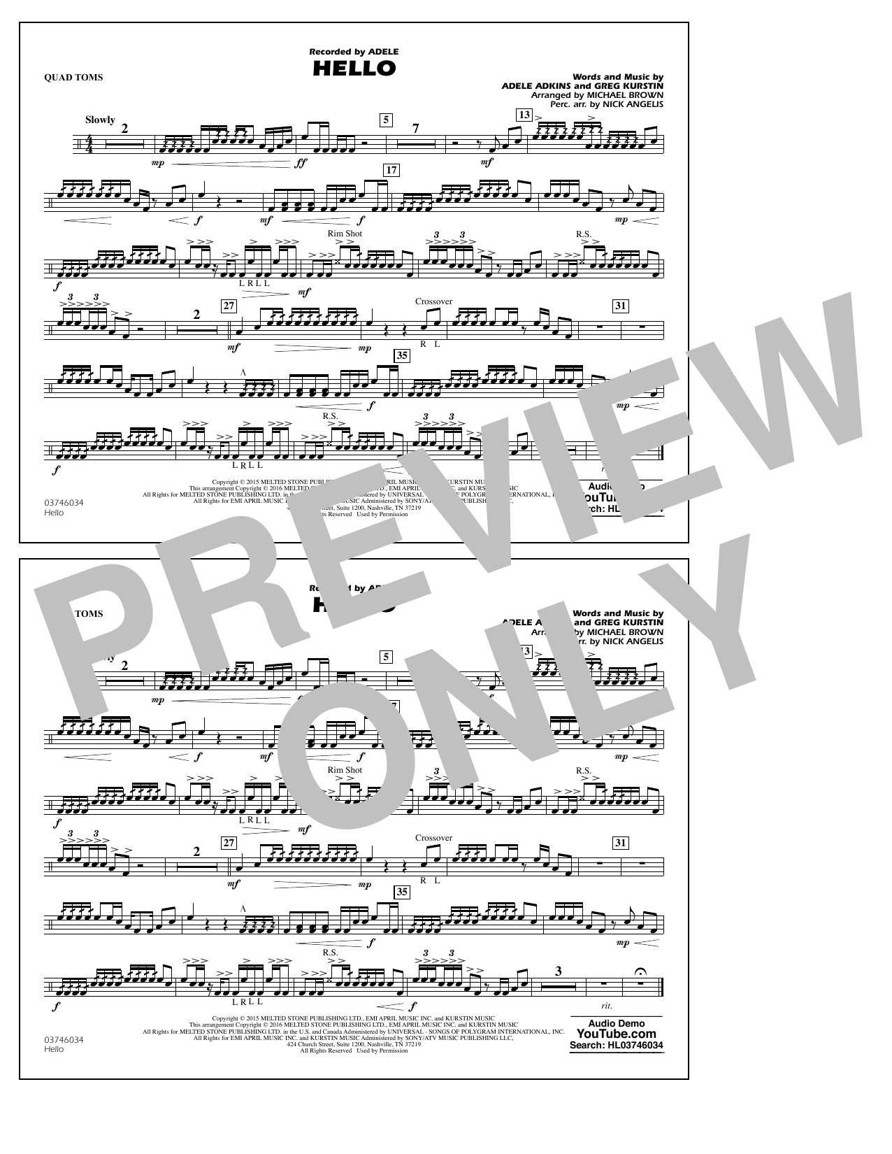 Michael Brown Hello - Quad Toms Sheet Music Notes & Chords for Marching Band - Download or Print PDF