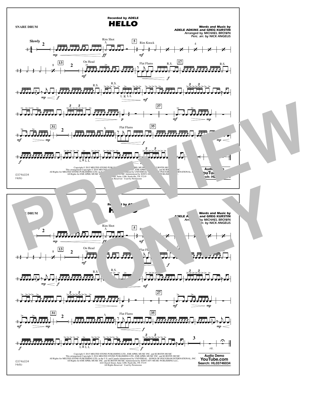 Michael Brown Hello - Snare Drum Sheet Music Notes & Chords for Marching Band - Download or Print PDF