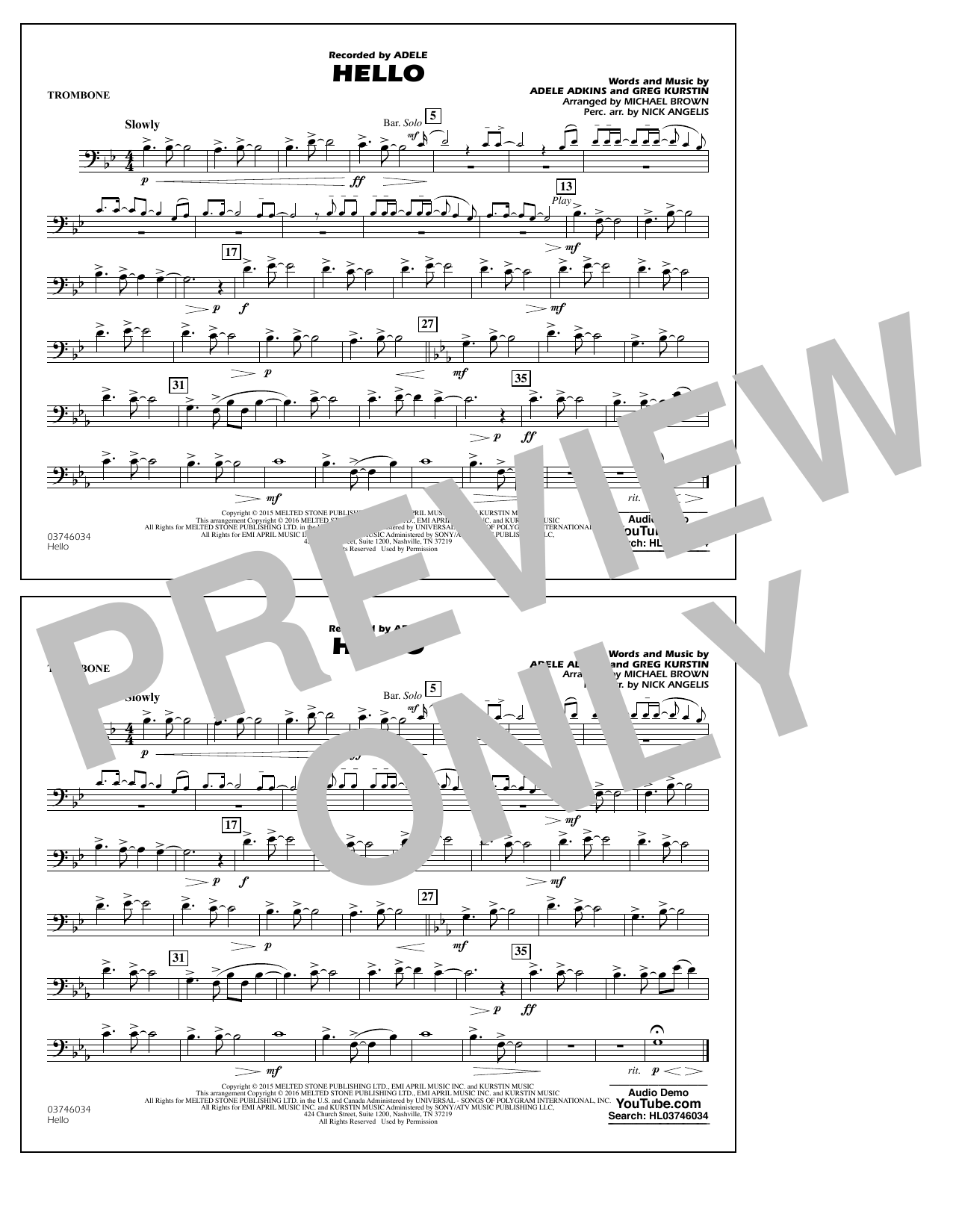 Michael Brown Hello - Trombone Sheet Music Notes & Chords for Marching Band - Download or Print PDF