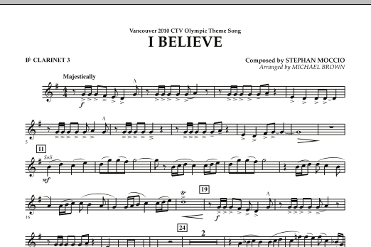 Michael Brown I Believe (Vancouver 2010 CTV Olympic Theme Song) - Bb Clarinet 3 Sheet Music Notes & Chords for Concert Band - Download or Print PDF