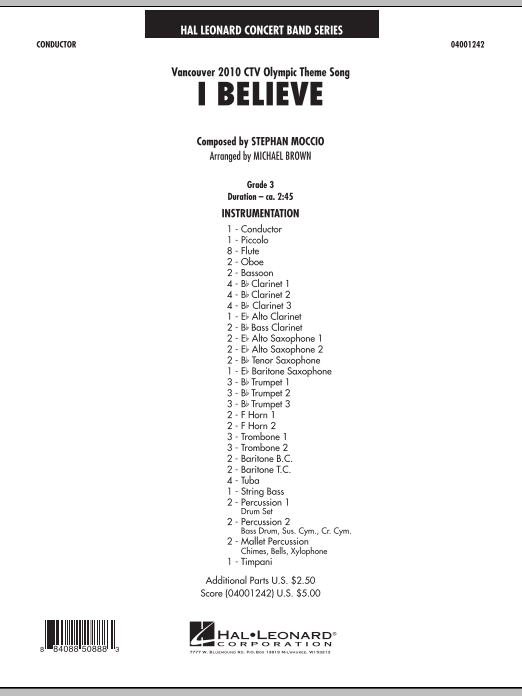 Michael Brown I Believe (Vancouver 2010 CTV Olympic Theme Song) - Full Score Sheet Music Notes & Chords for Concert Band - Download or Print PDF