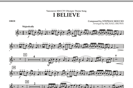 Michael Brown I Believe (Vancouver 2010 CTV Olympic Theme Song) - Oboe Sheet Music Notes & Chords for Concert Band - Download or Print PDF