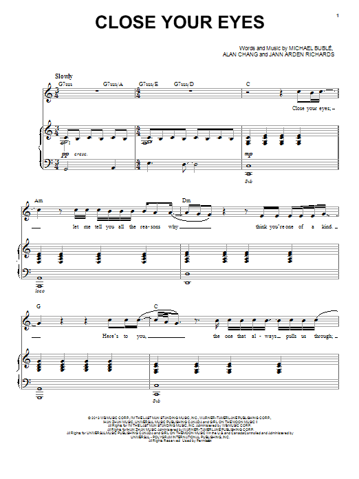 Michael Buble Close Your Eyes Sheet Music Notes & Chords for Piano, Vocal & Guitar (Right-Hand Melody) - Download or Print PDF