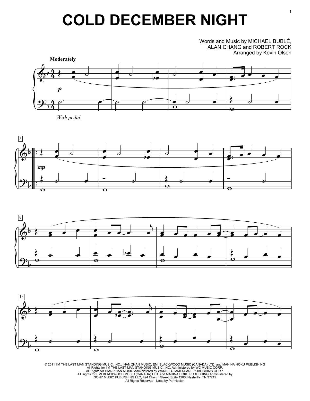 Michael Bublé Cold December Night (arr. Kevin Olson) Sheet Music Notes & Chords for Easy Piano Solo - Download or Print PDF