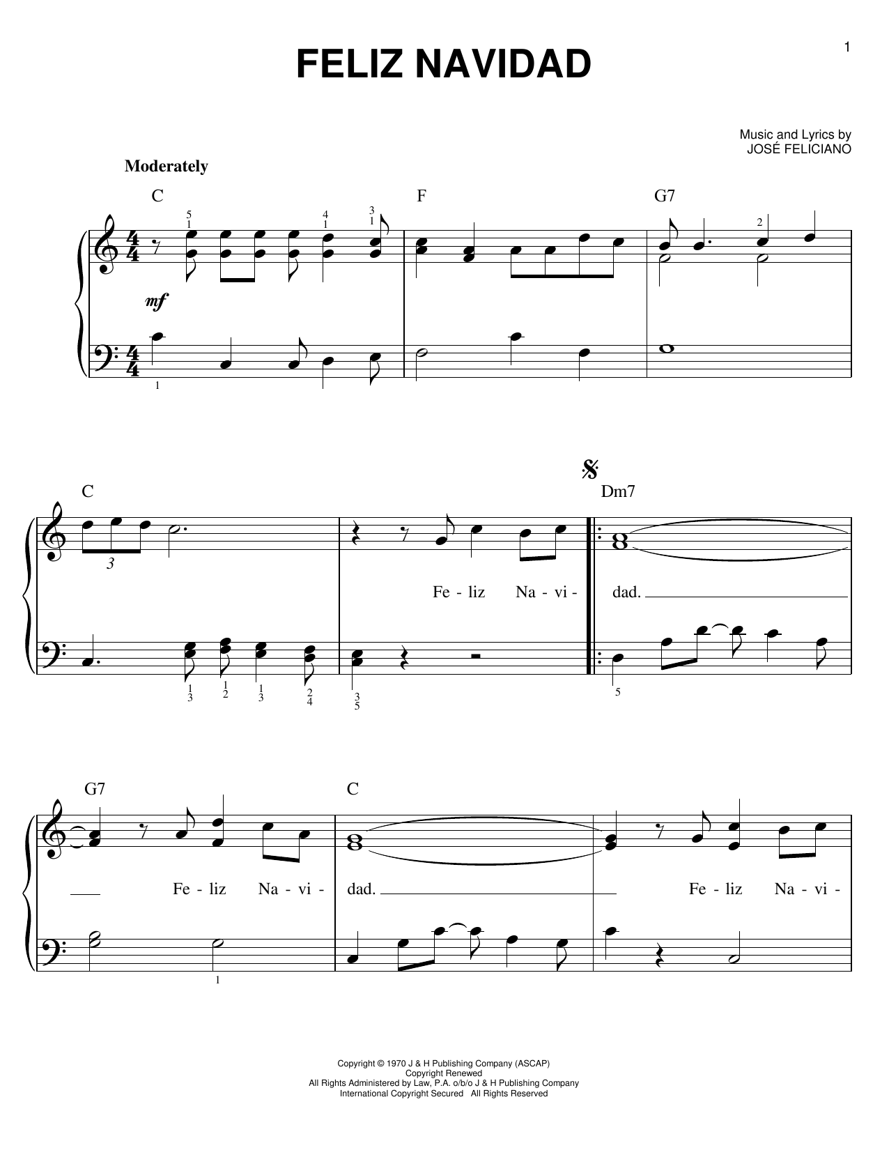 Jose Feliciano Feliz Navidad Sheet Music Notes & Chords for Piano & Vocal - Download or Print PDF