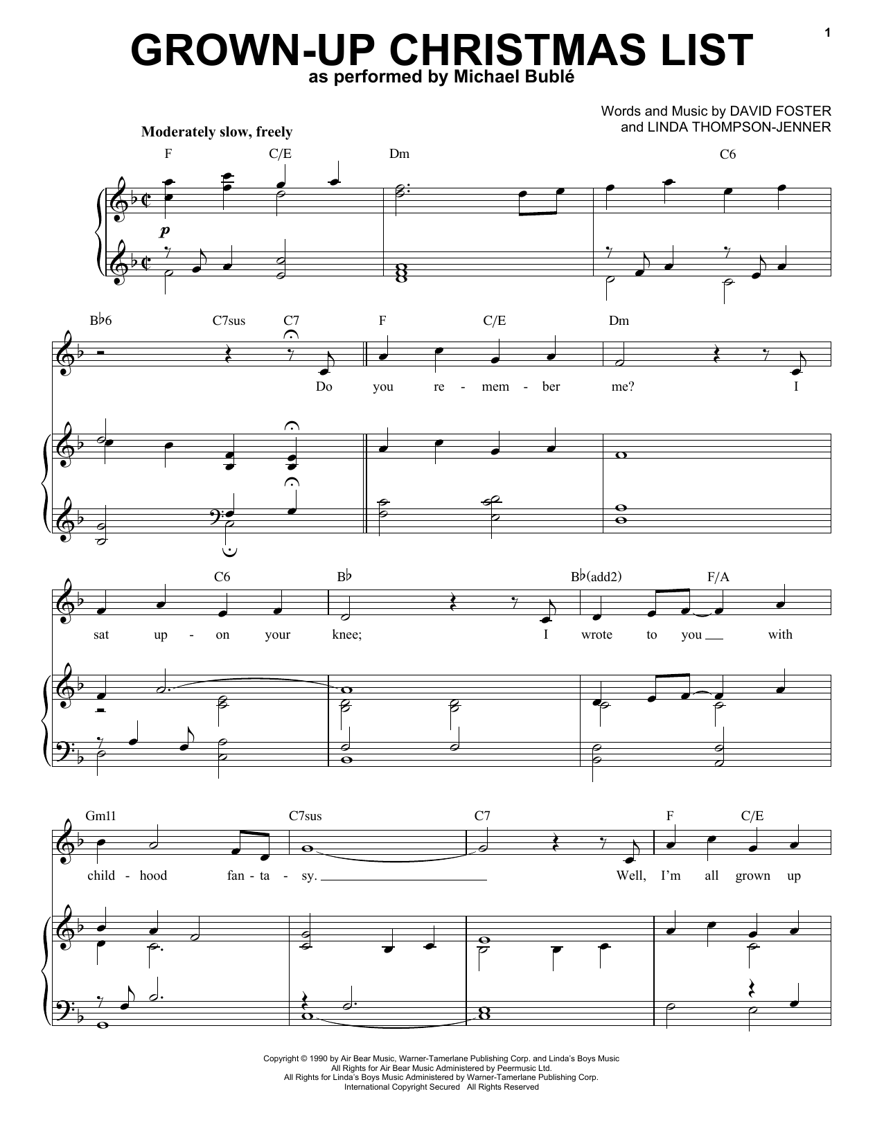 Michael Buble Grown-Up Christmas List Sheet Music Notes & Chords for Piano & Vocal - Download or Print PDF