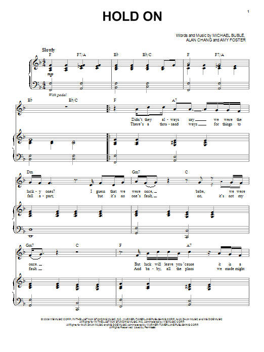 Michael Buble Hold On Sheet Music Notes & Chords for Piano & Vocal - Download or Print PDF