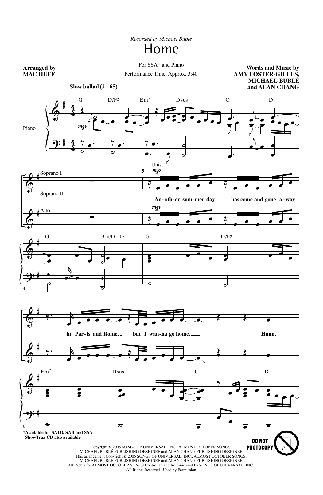 Michael Buble Home (arr. Mac Huff) Sheet Music Notes & Chords for SSA Choir - Download or Print PDF