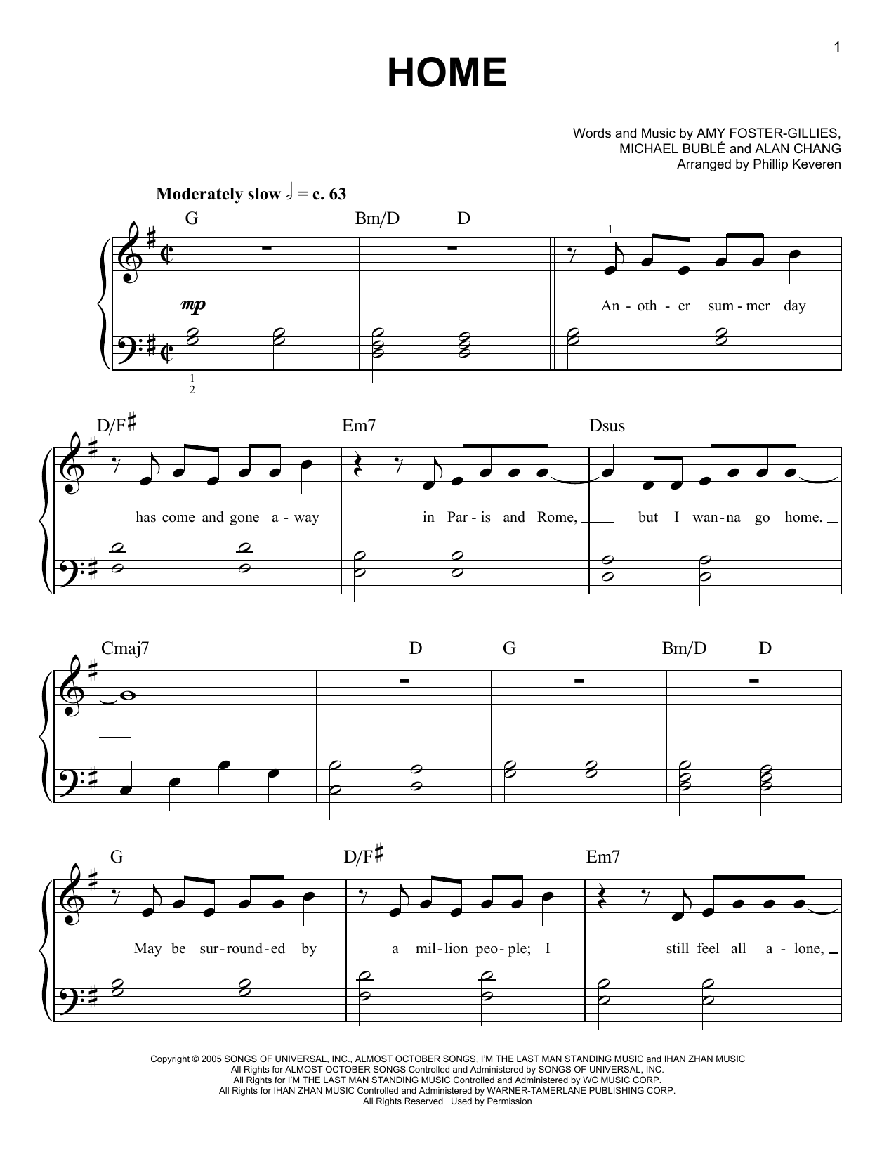 Michael Buble Home (arr. Phillip Keveren) Sheet Music Notes & Chords for Easy Piano - Download or Print PDF