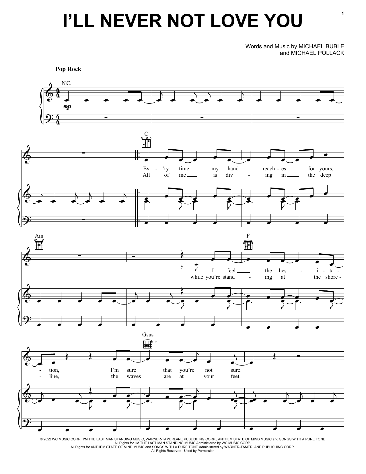 Michael Bublé I'll Never Not Love You Sheet Music Notes & Chords for Piano, Vocal & Guitar Chords (Right-Hand Melody) - Download or Print PDF