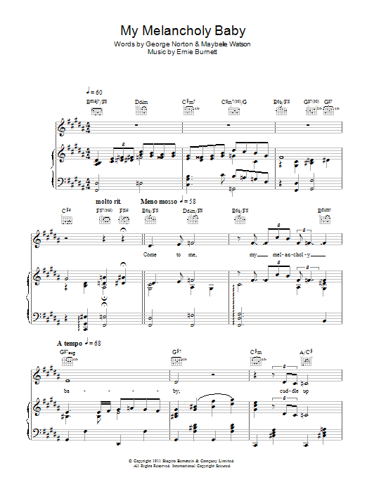 Michael Buble My Melancholy Baby Sheet Music Notes & Chords for Piano, Vocal & Guitar (Right-Hand Melody) - Download or Print PDF