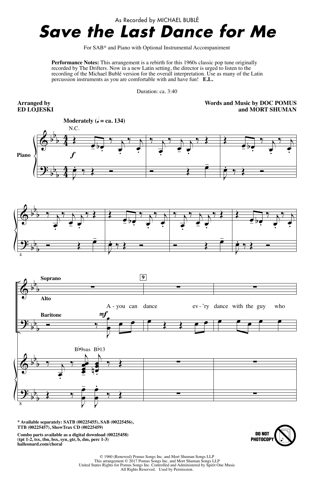 Michael Bublé Save The Last Dance For Me (arr. Ed Lojeski) Sheet Music Notes & Chords for SATB - Download or Print PDF