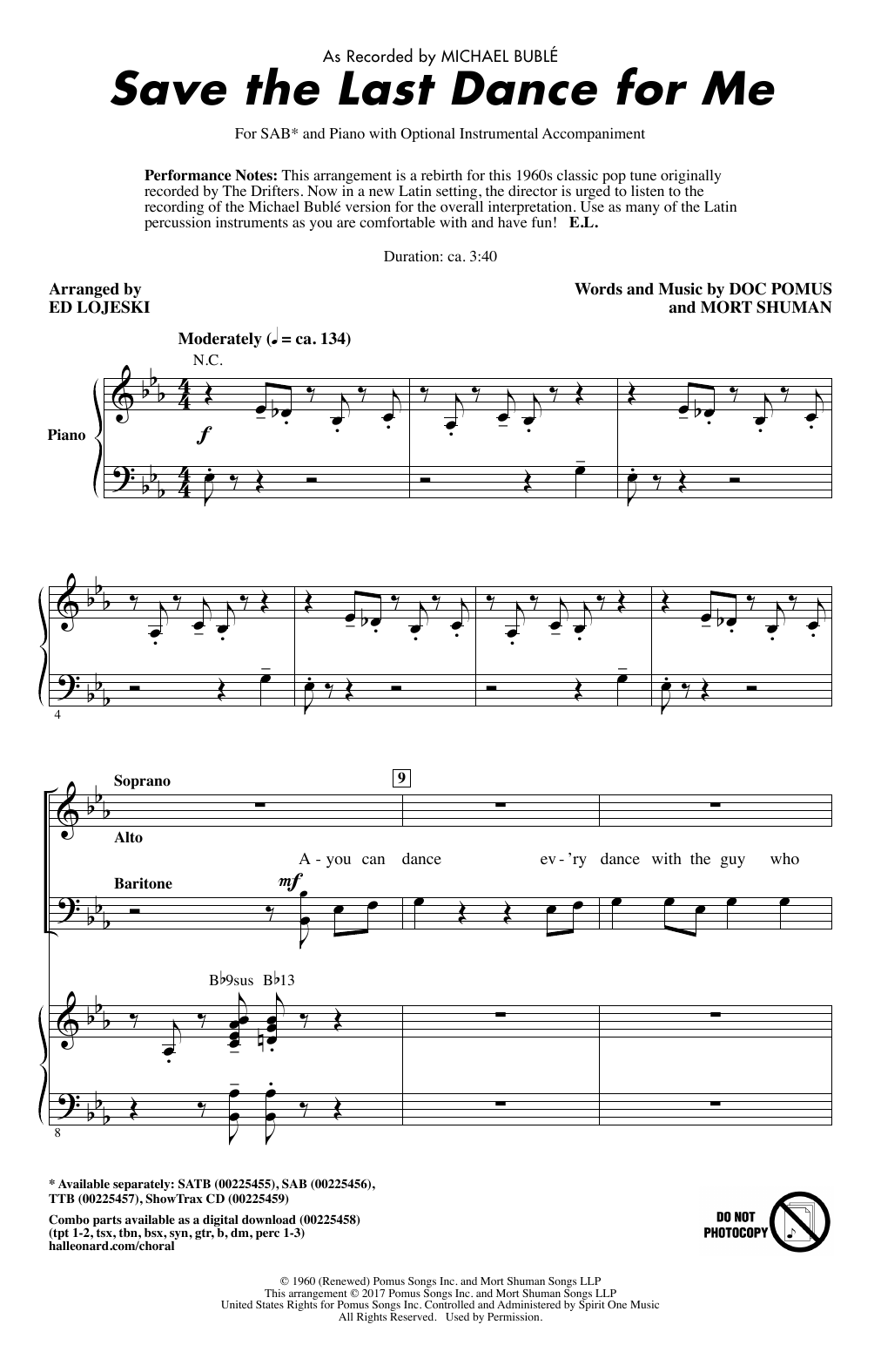 Michael Bublé Save The Last Dance For Me (arr. Ed Lojeski) Sheet Music Notes & Chords for SAB - Download or Print PDF