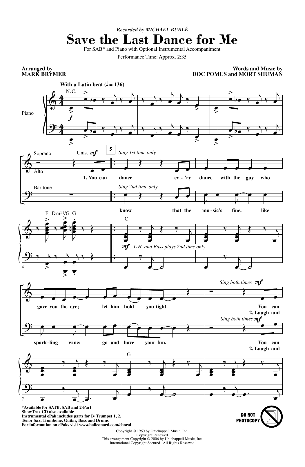 Michael Buble Save The Last Dance For Me (arr. Mark Brymer) Sheet Music Notes & Chords for SAB Choir - Download or Print PDF