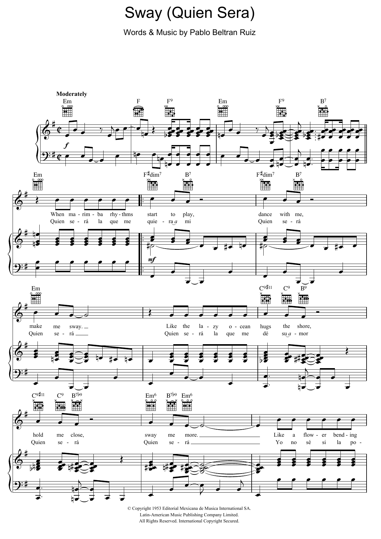 Michael Bublé Sway (Quien Sera) Sheet Music Notes & Chords for Piano, Vocal & Guitar - Download or Print PDF