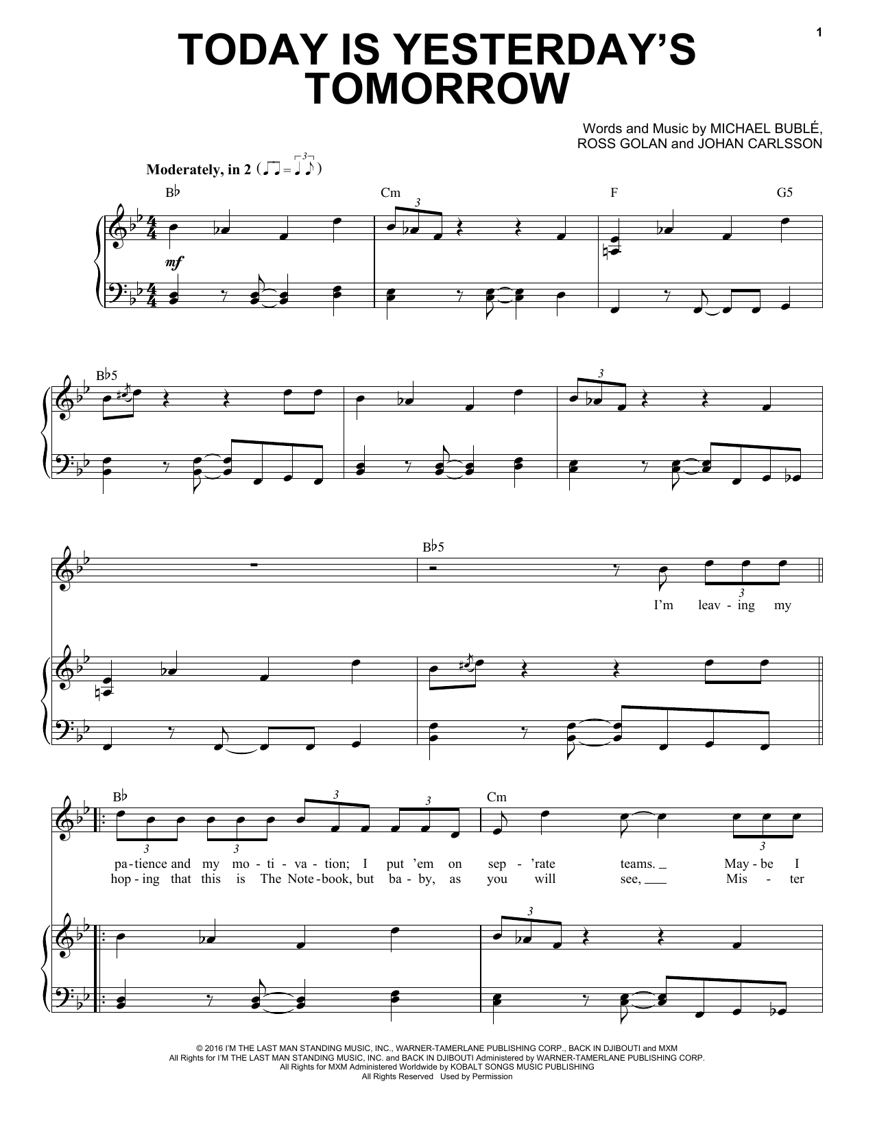 Michael Bublé Today Is Yesterday's Tomorrow Sheet Music Notes & Chords for Piano & Vocal - Download or Print PDF