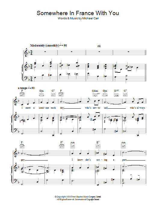 Michael Carr Somewhere In France With You Sheet Music Notes & Chords for Piano, Vocal & Guitar (Right-Hand Melody) - Download or Print PDF
