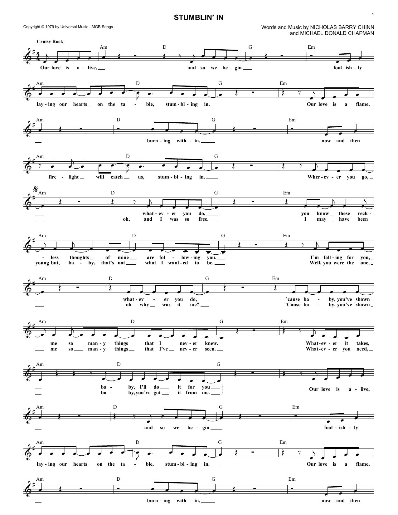 Michael Donald Chapman Stumblin' In Sheet Music Notes & Chords for Melody Line, Lyrics & Chords - Download or Print PDF