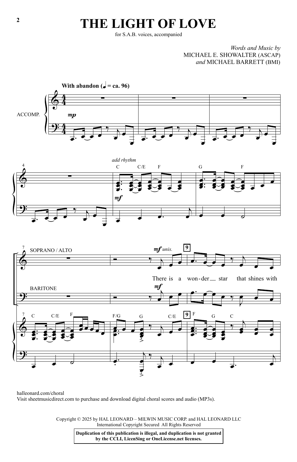 Michael E. Showalter and Michael Barrett The Light Of Love Sheet Music Notes & Chords for SAB Choir - Download or Print PDF Michael E. Showalter and Michael Barrett The Light Of Love Sheet Music Notes & Chords for SAB Choir - Download or Print PDF