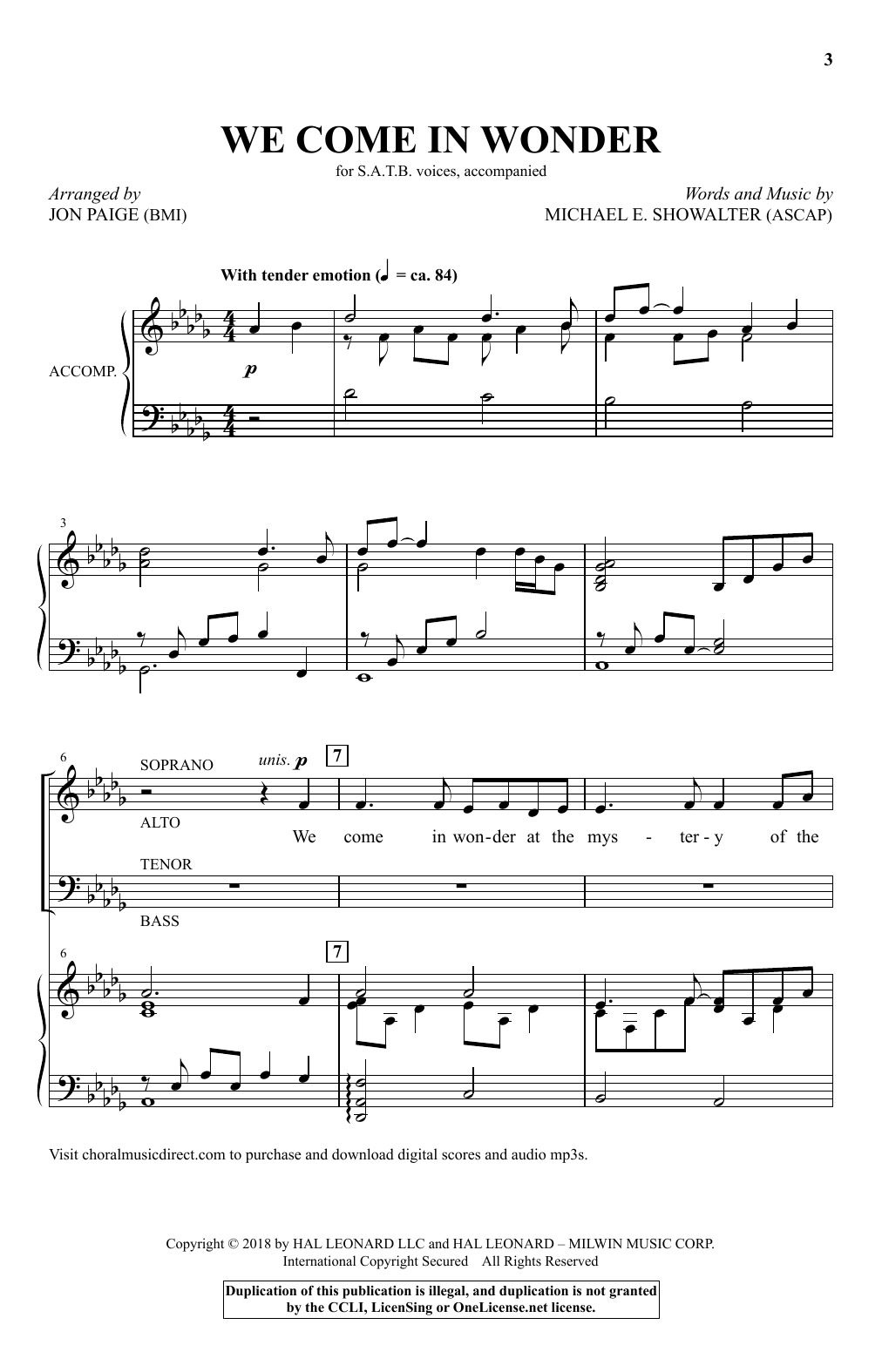 Michael E. Showalter We Come In Wonder (arr. Jon Paige) Sheet Music Notes & Chords for SATB Choir - Download or Print PDF