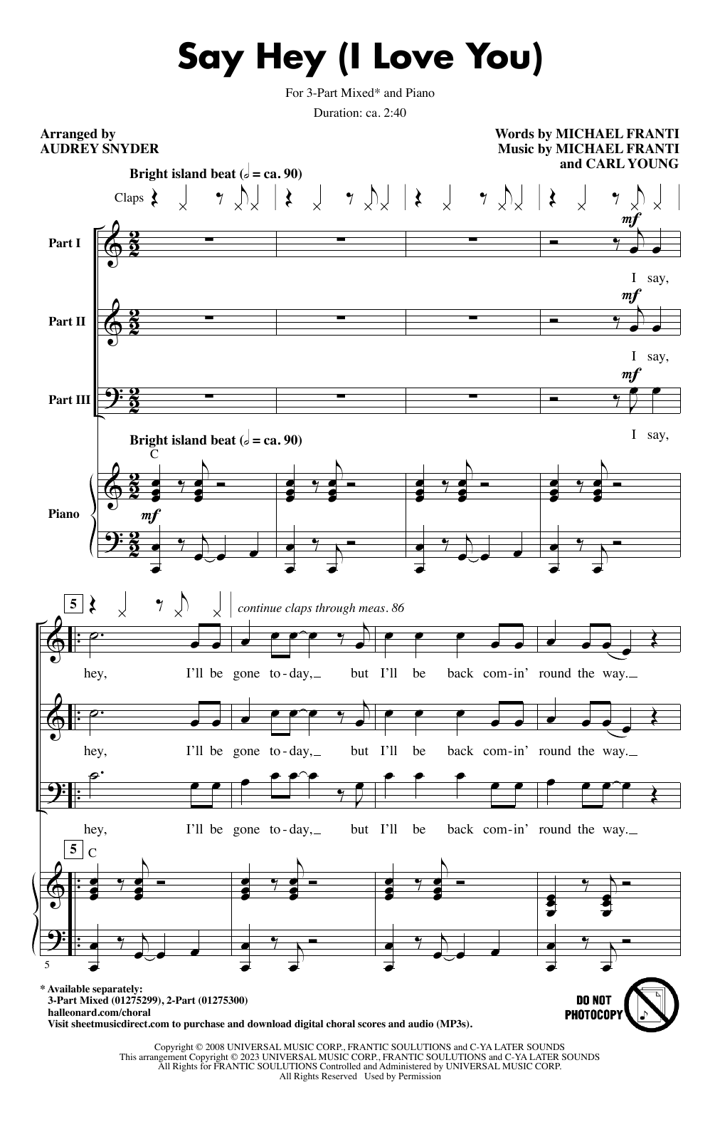 Michael Franti & Spearhead feat. Cherine Anderson Say Hey (I Love You) (arr. Audrey Snyder) Sheet Music Notes & Chords for 3-Part Mixed Choir - Download or Print PDF