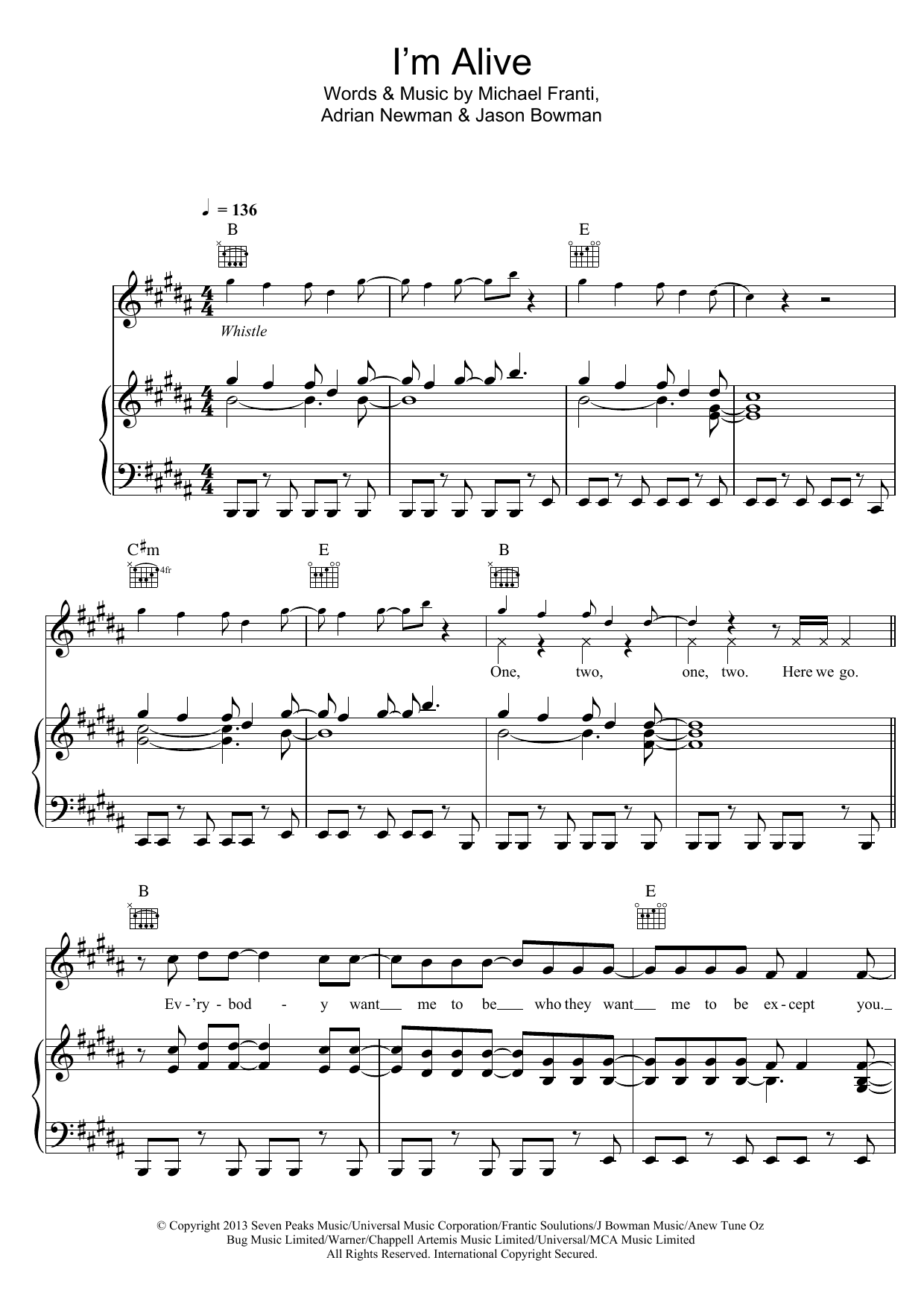 Michael Franti & Spearhead I'm Alive (Life Sounds Like) Sheet Music Notes & Chords for Piano, Vocal & Guitar (Right-Hand Melody) - Download or Print PDF