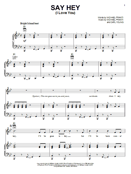 Michael Franti & Spearhead Say Hey (I Love You) Sheet Music Notes & Chords for Piano, Vocal & Guitar (Right-Hand Melody) - Download or Print PDF