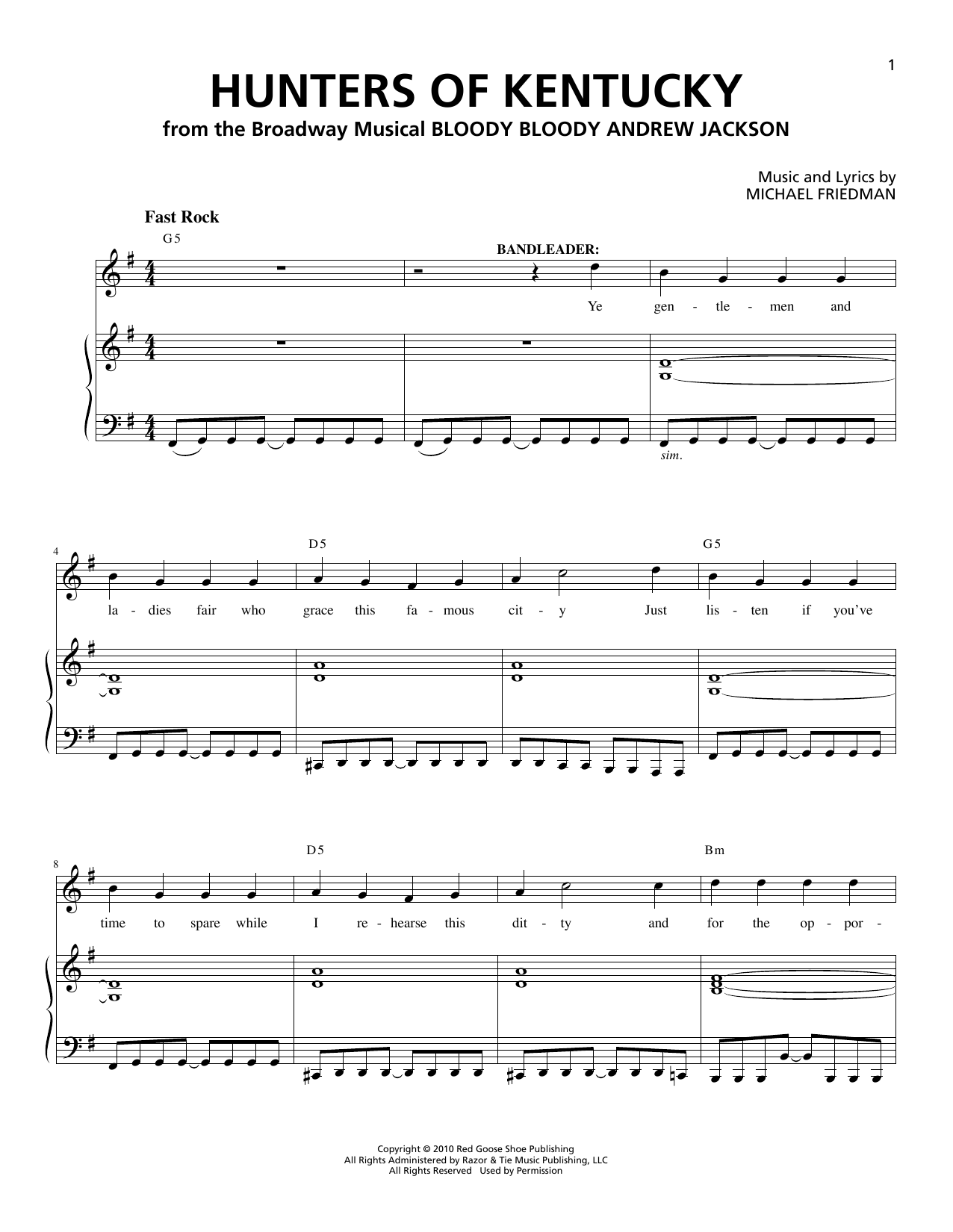 Michael Friedman Hunters Of Kentucky Sheet Music Notes & Chords for Piano & Vocal - Download or Print PDF