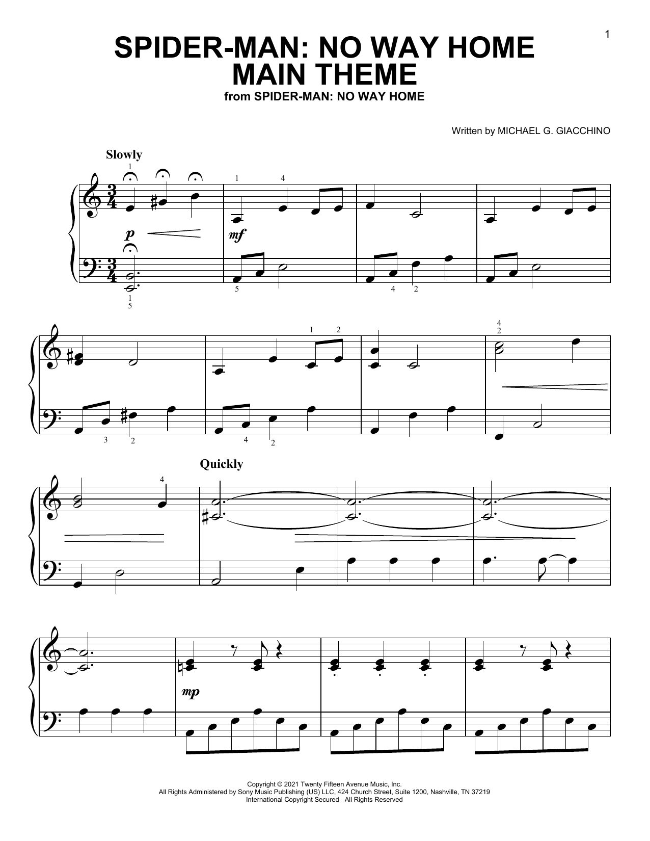 Michael G. Giacchino Spider-Man: No Way Home (Main Theme) Sheet Music Notes & Chords for Easy Piano - Download or Print PDF