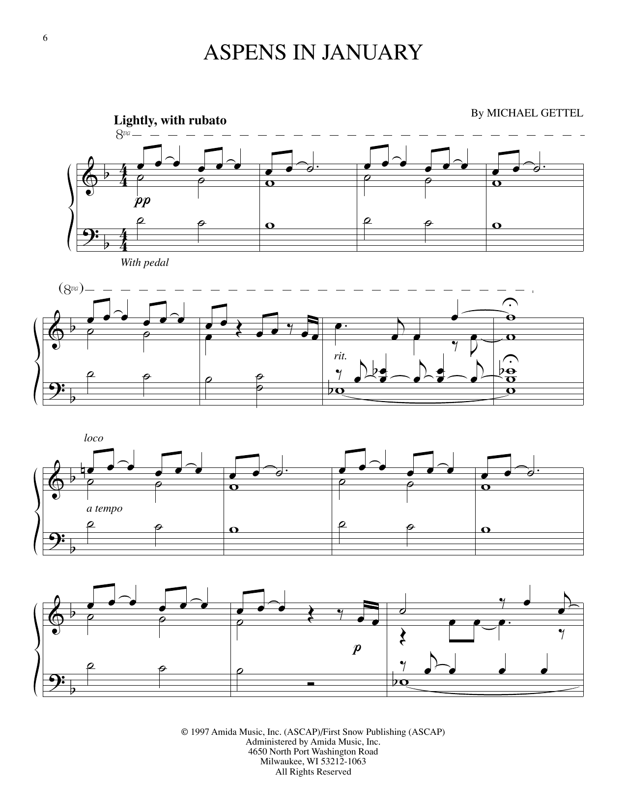 Michael Gettel Aspens In January Sheet Music Notes & Chords for Piano Solo - Download or Print PDF
