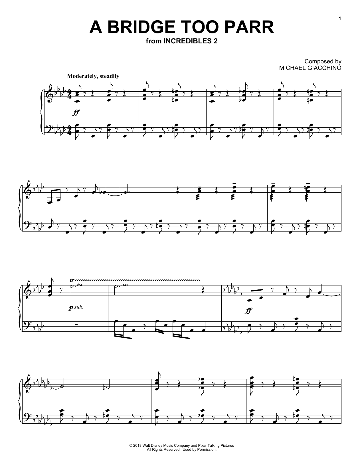Michael Giacchino A Bridge Too Parr (from Incredibles 2) Sheet Music Notes & Chords for Piano - Download or Print PDF