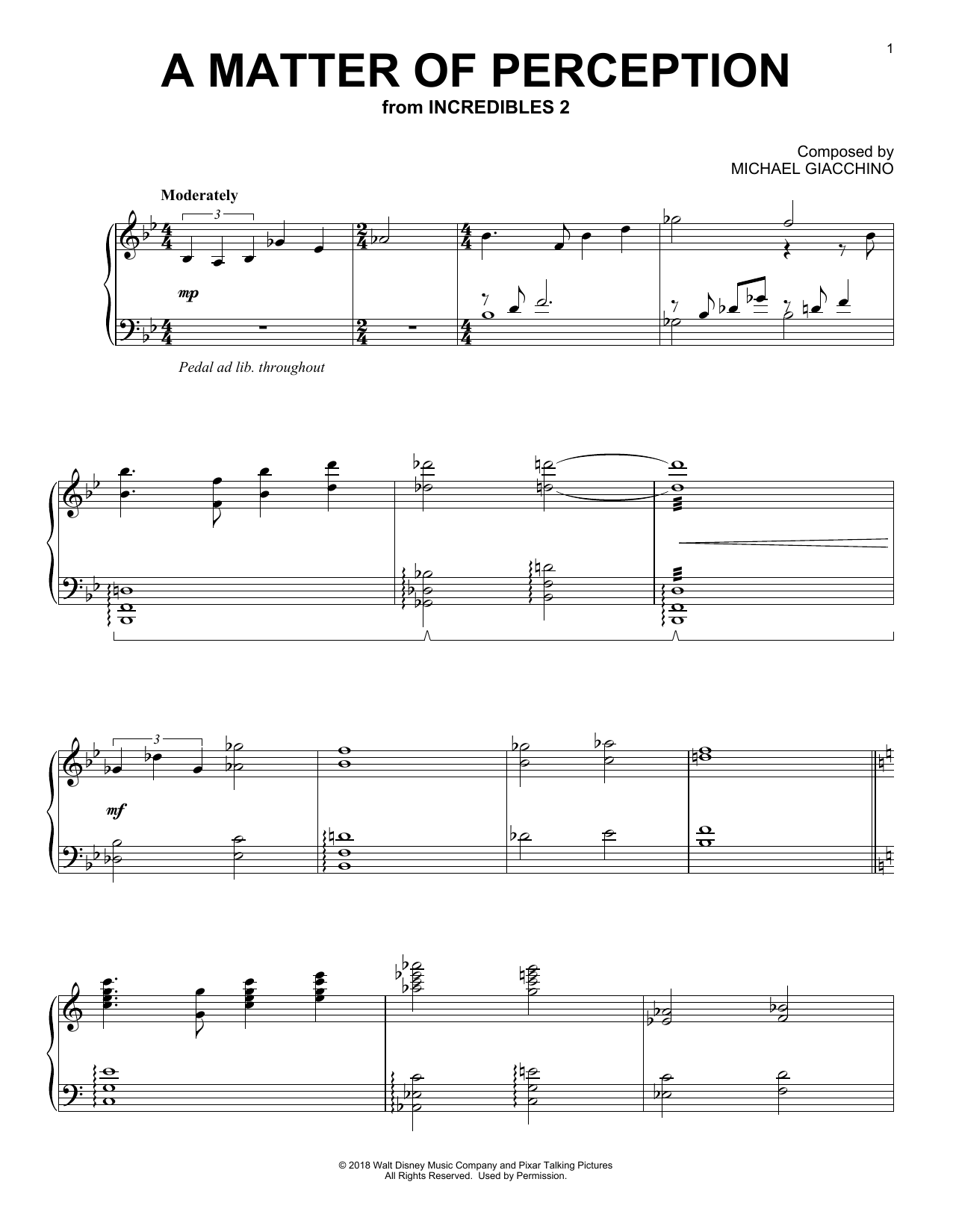Michael Giacchino A Matter Of Perception (from Incredibles 2) Sheet Music Notes & Chords for Piano - Download or Print PDF