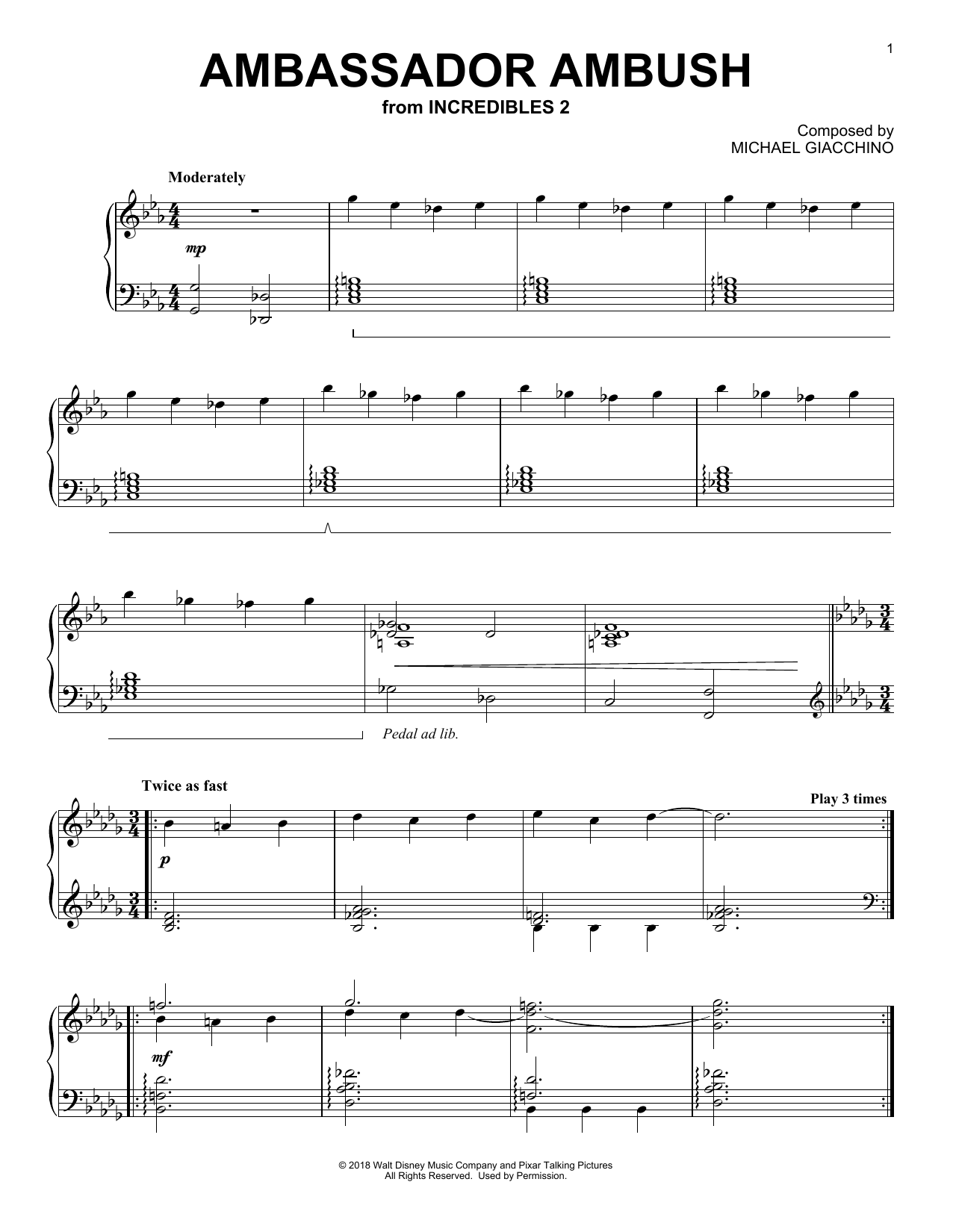 Michael Giacchino Ambassador Ambush (from Incredibles 2) Sheet Music Notes & Chords for Piano - Download or Print PDF