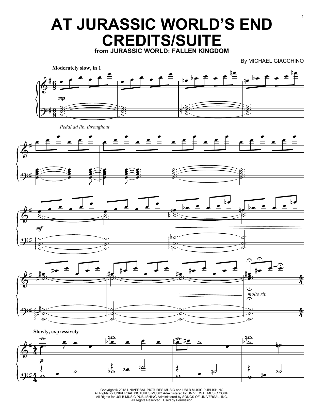 Michael Giacchino At Jurassic World's End Credits/Suite (from Jurassic World: Fallen Kingdom) Sheet Music Notes & Chords for Piano - Download or Print PDF