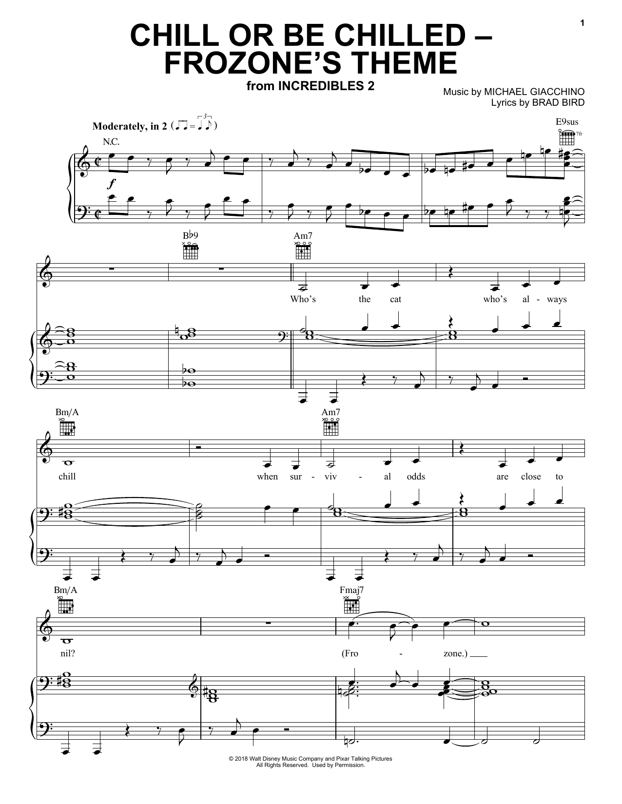Michael Giacchino Chill Or Be Chilled - Frozone's Theme (from Incredibles 2) Sheet Music Notes & Chords for Piano, Vocal & Guitar (Right-Hand Melody) - Download or Print PDF