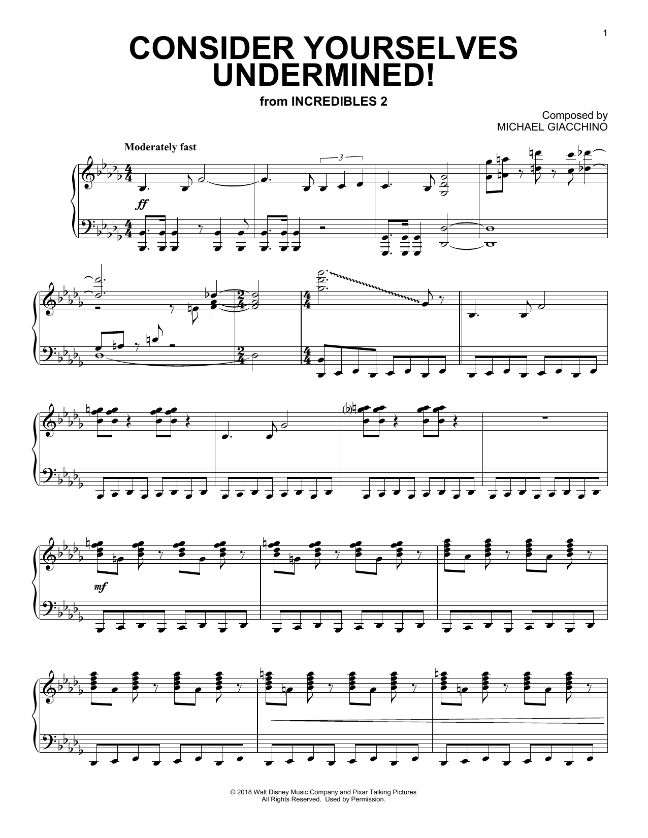 Michael Giacchino Consider Yourself Underminded! (from Incredibles 2) Sheet Music Notes & Chords for Piano - Download or Print PDF