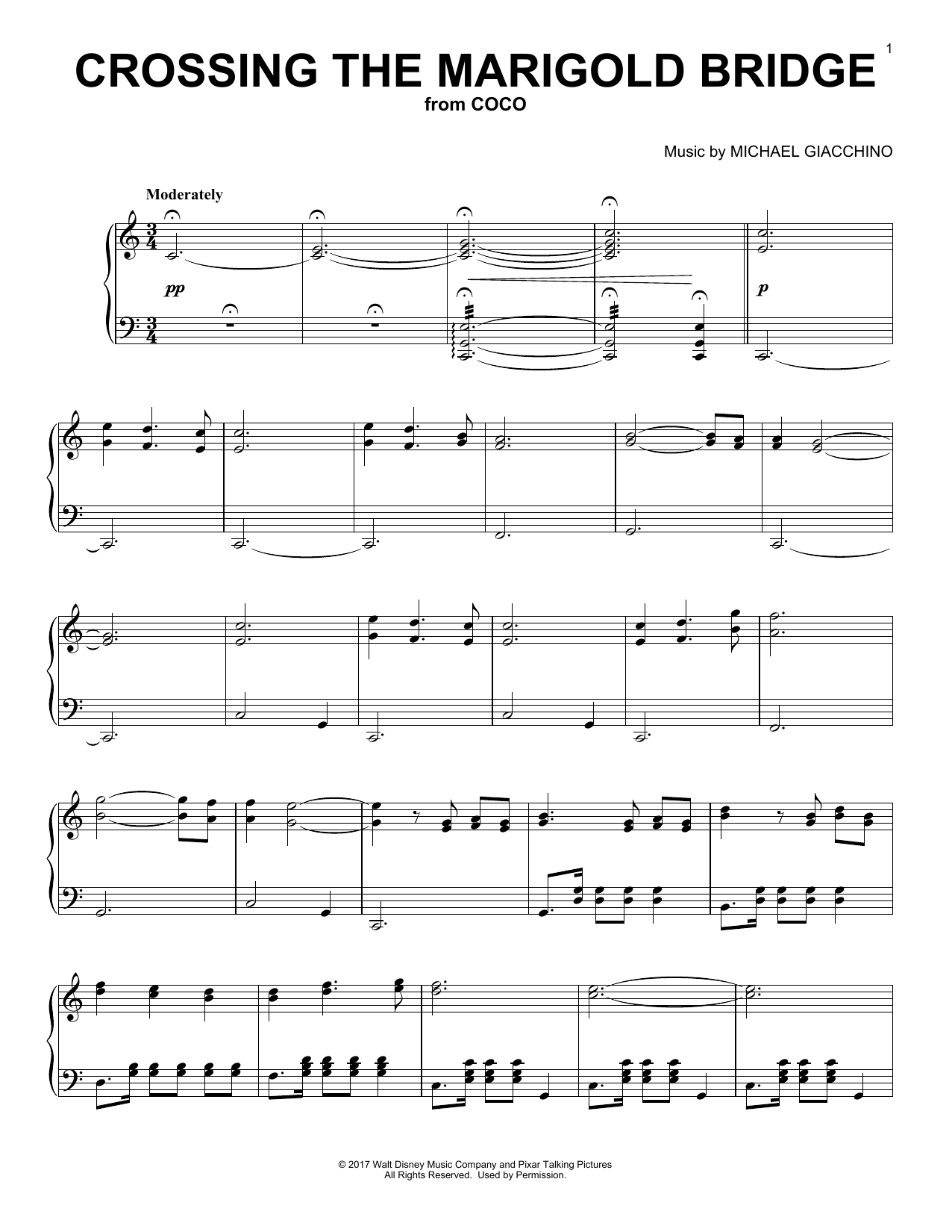 Michael Giacchino Crossing The Marigold Bridge (from Coco) Sheet Music Notes & Chords for Piano Solo - Download or Print PDF