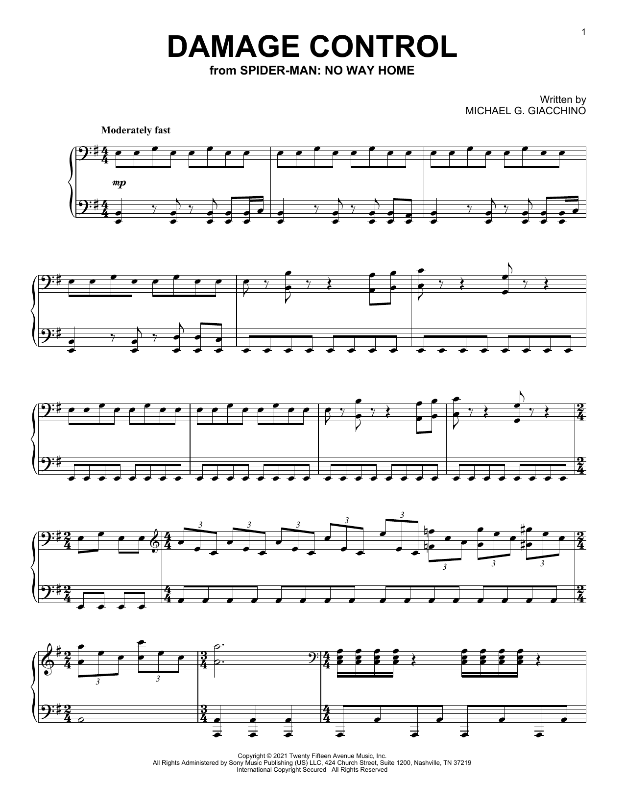 Michael Giacchino Damage Control (from Spider-Man: No Way Home) Sheet Music Notes & Chords for Piano Solo - Download or Print PDF