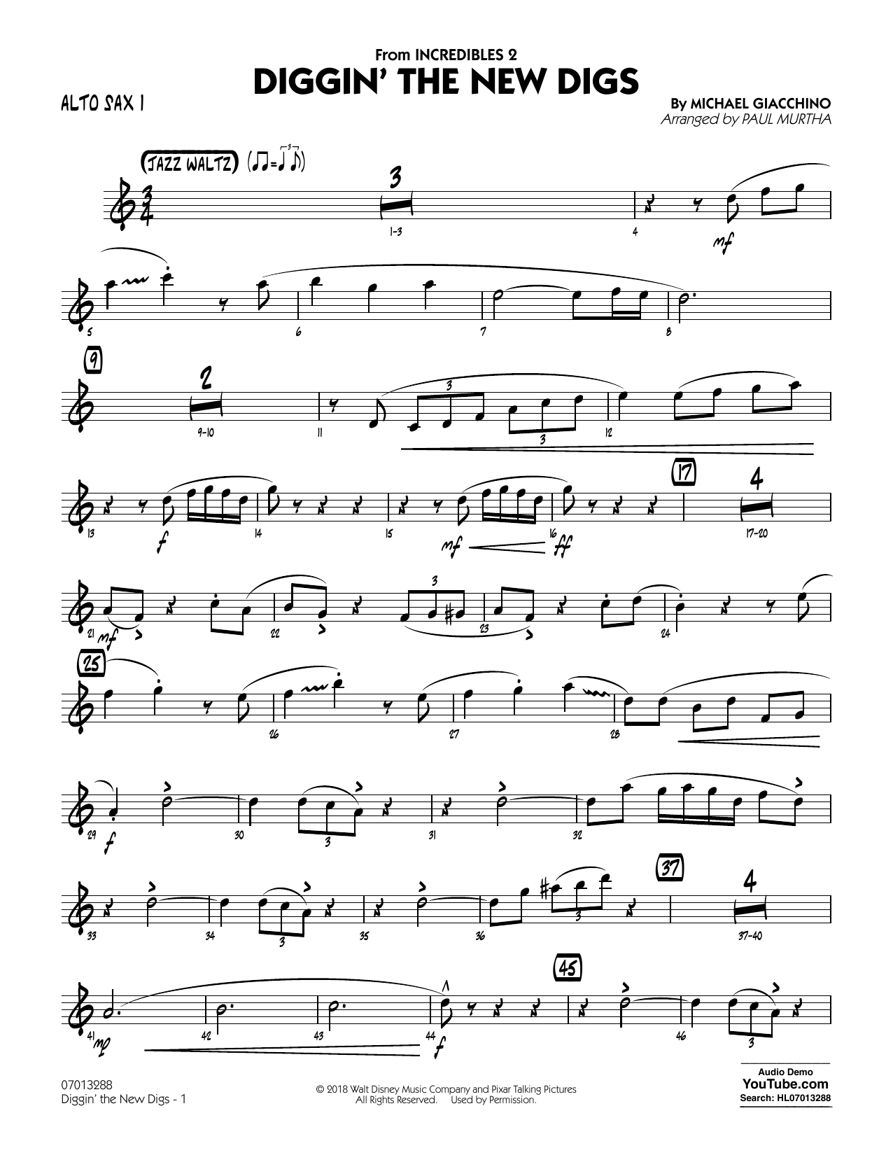 Michael Giacchino Diggin' the New Digs (from Incredibles 2) (arr. Paul Murtha) - Alto Sax 1 Sheet Music Notes & Chords for Jazz Ensemble - Download or Print PDF